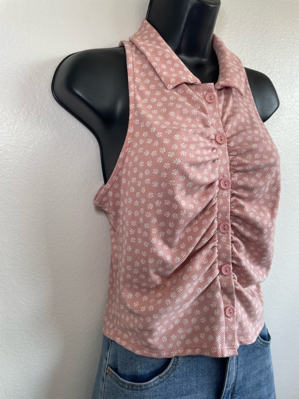 Skönhet Pink Floral Ribbed Ruched Button Front Tank Top Size Large - Picture 3 of 9